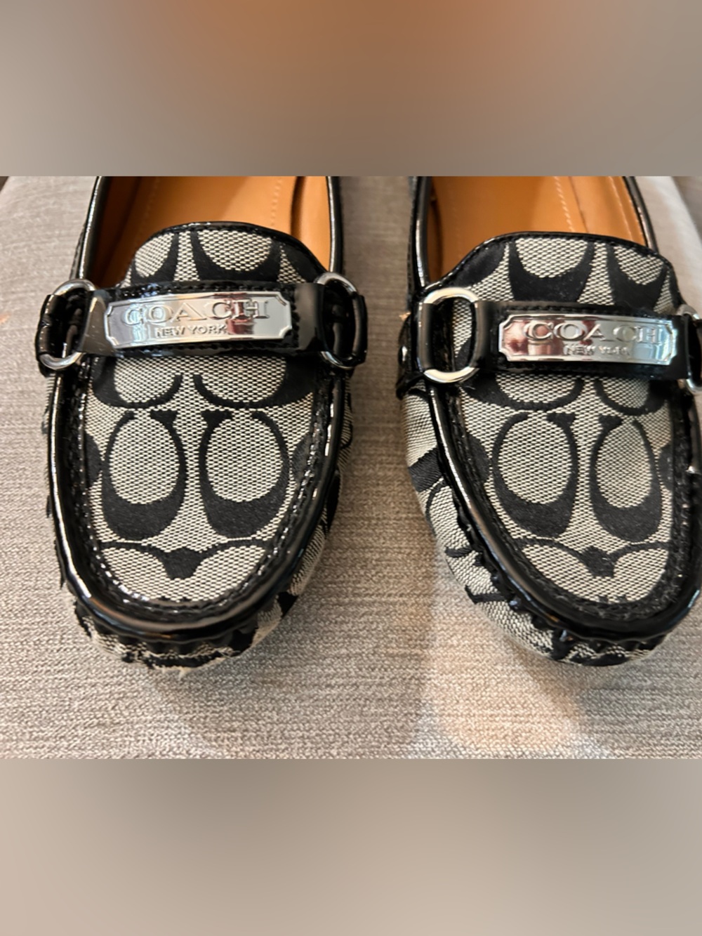 Coach Black & Ivory Signature Canvas Loafers with Silver Hardware - Picture 7 of 9